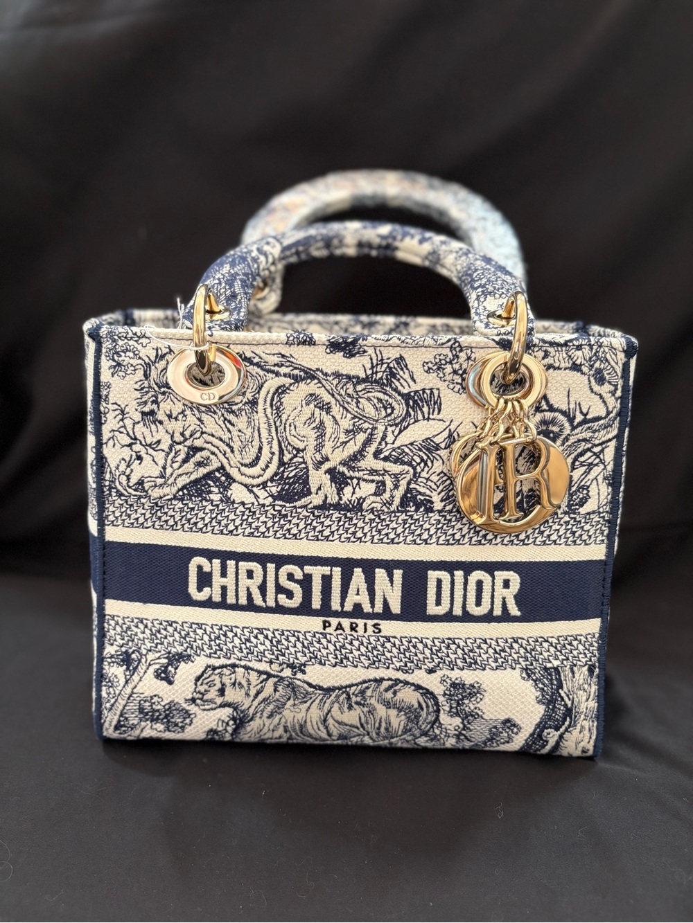 CHRISTIAN DIOR Canvas Tote Embroidered Medium Lady DLite Navy LIKE NEW Condition - Picture 12 of 13
